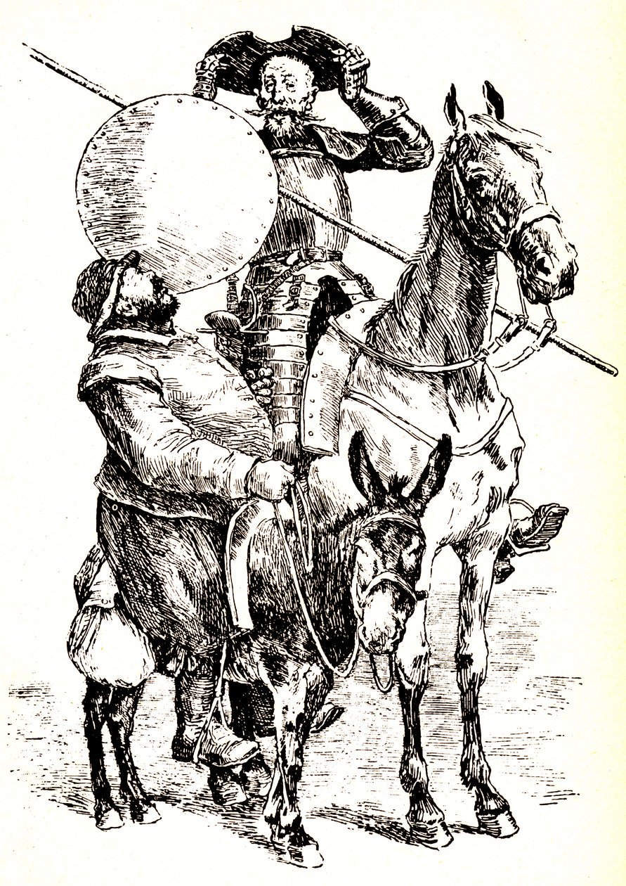 Don Quijote på sin hest, ved siden af Sancho på sit æsel af Henri Pille
