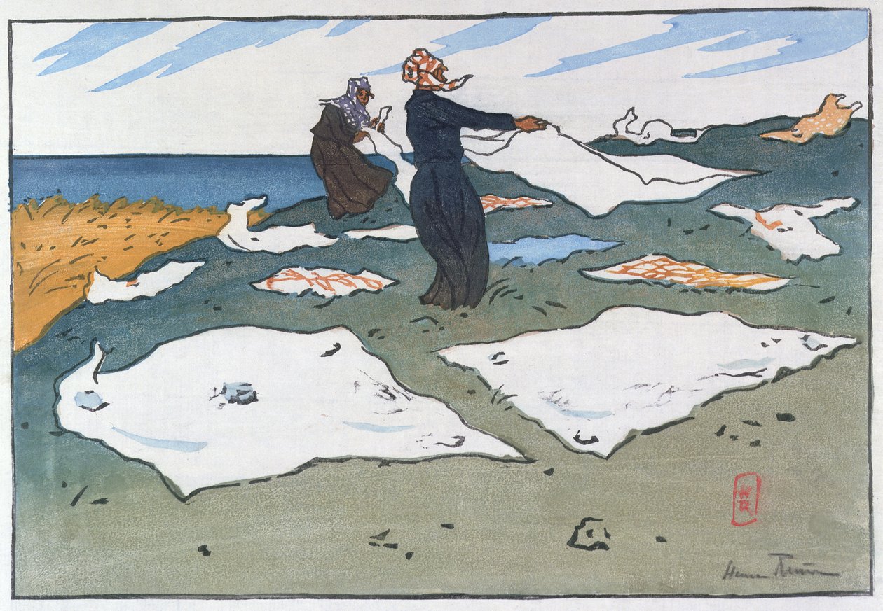 Bretonske vaskekoner ved havet, ca. 1900 (farve litho) af Henri Rivière