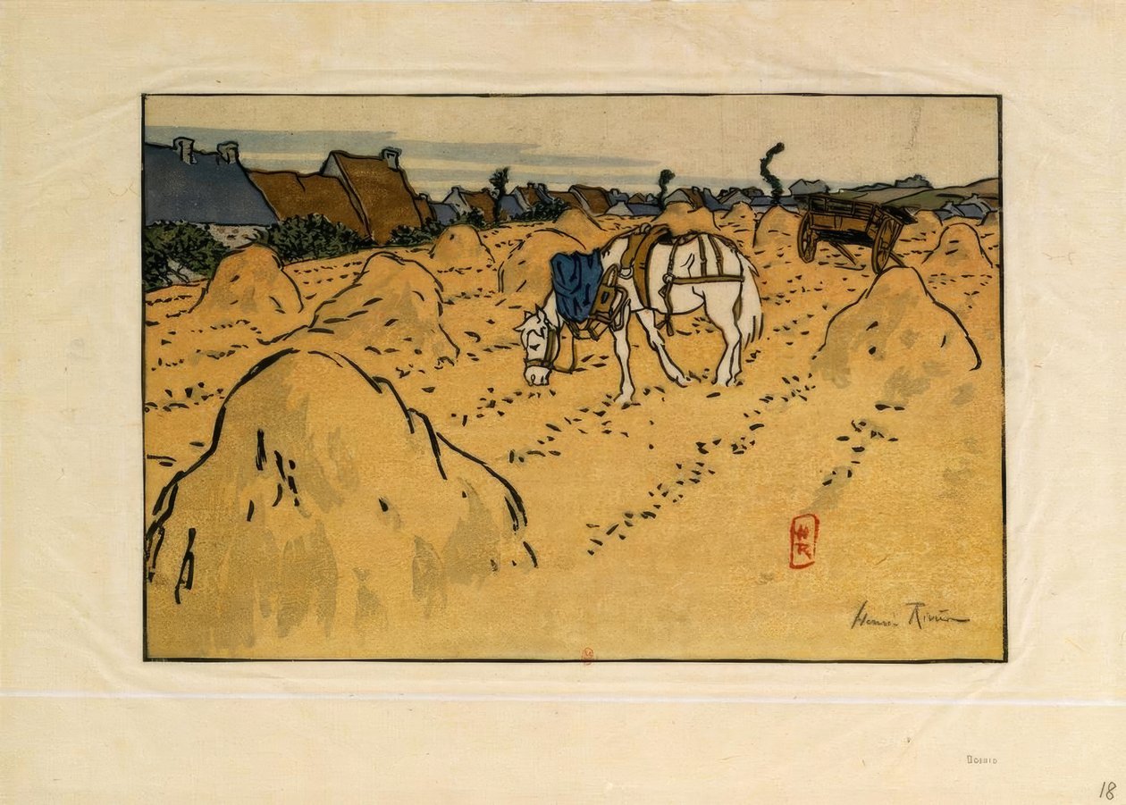 En hest og landsbyen La Chapelle (Saint-Briac) af Henri Rivière