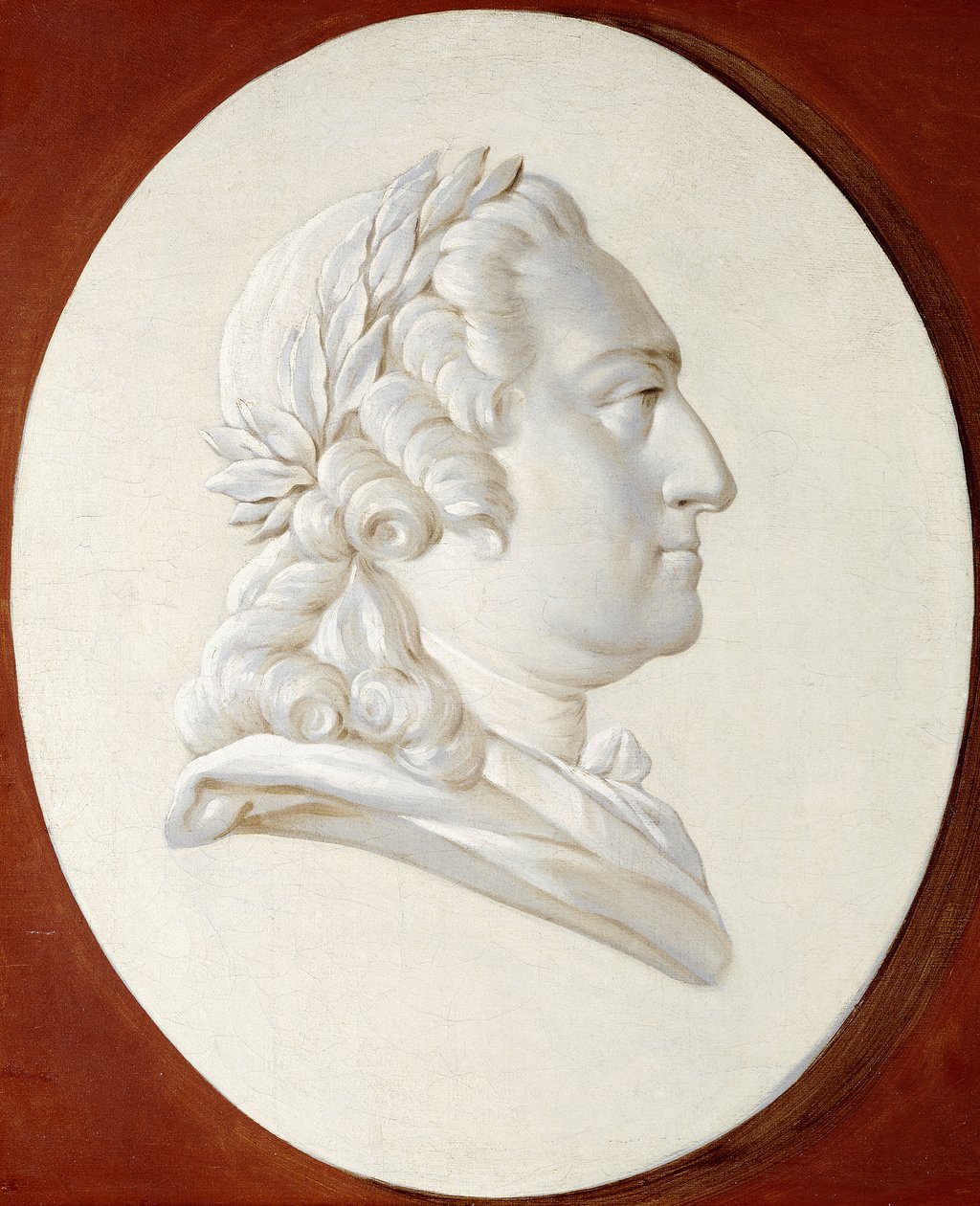 Portræt af kong Ludvig XV, bustelængde, i en malet oval, en Trompe l