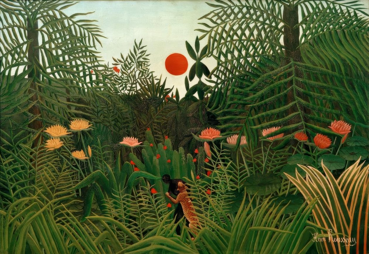 Jomfruskov ved solnedgang. Sort angrebet af en leopa af Henri Rousseau