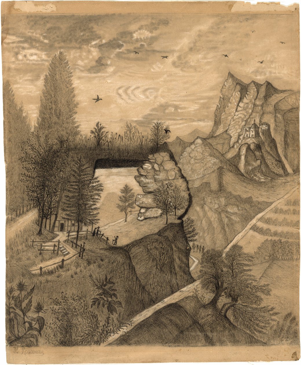 Vandrere klatrer op til en bjerghytte af Henri Rousseau