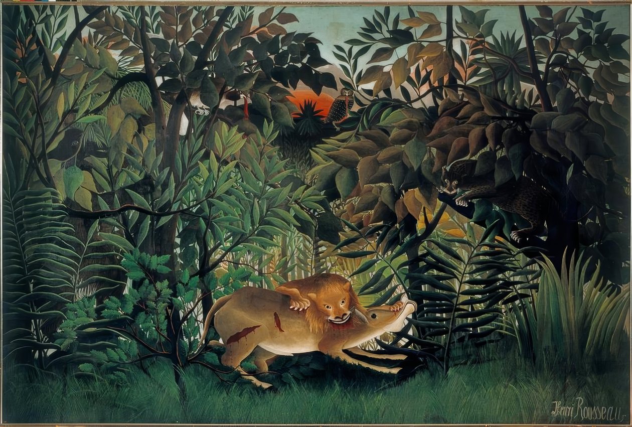 Løven, sulten, kaster sig over antilopen af Henri Rousseau