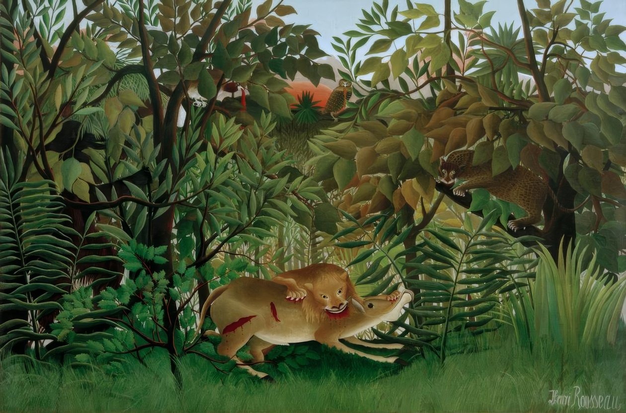 Løven, sulten, kaster sig over antilopen af Henri Rousseau