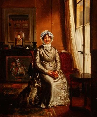 En dame med en hund i et interiør af Henri Serrur