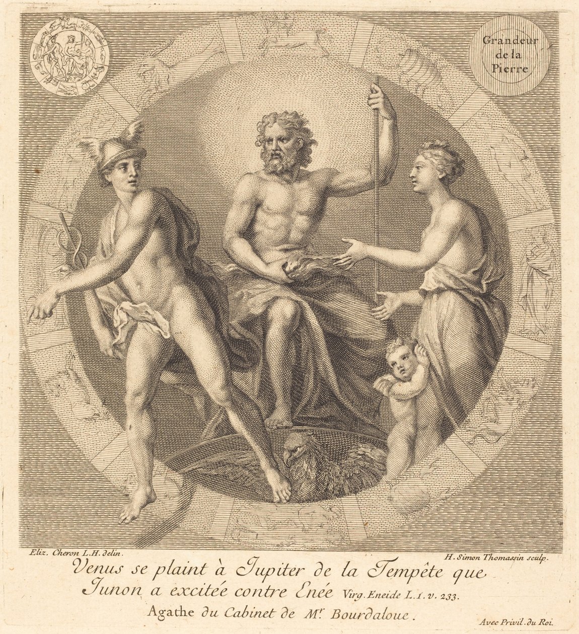 Venus klager til Jupiter over stormen, som Juno vakte mod Aeneas af Henri Simon Thomassin after Elisabeth Sophie Cheron