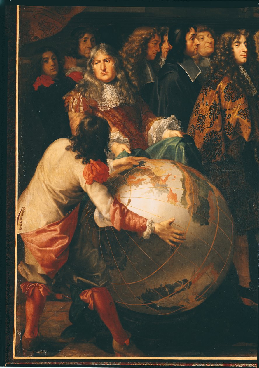 Jean-Baptiste Colbert (1619-83) Præsenterer medlemmerne af Royal Academy of Science for Louis XIV (1638-1715) detalje fra venstre side, ca. 1667 (detalje af 104626) af Henri Testelin