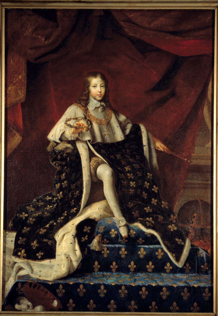 Ludvig XIV var 10 år gammel (1638-1715), repræsenteret i 1648 på sin trone i stor kongekappe, beskytter af Royal Academy of Painting and Sculpture, omgivet af videnskabens og kunstens egenskaber. Maleri af Henri Testelin (1616 - 1695) (h s/t 2. af Henri Testelin