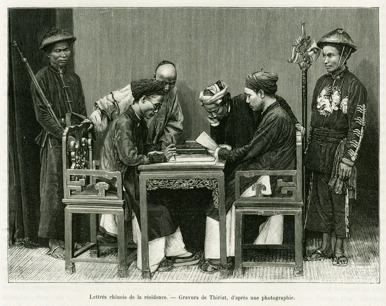 Kinesiske breve fra den franske residens i Hanoi. Gravering af Thiriat, efter et fotografi, for at illustrere historien Trente mois au Tonkin i 1884, af Doctor Hocquard, i le tour du monde 1889, instrueret af Edouard Charton (1807-1890), Hachette, Paris. af Henri Thiriat