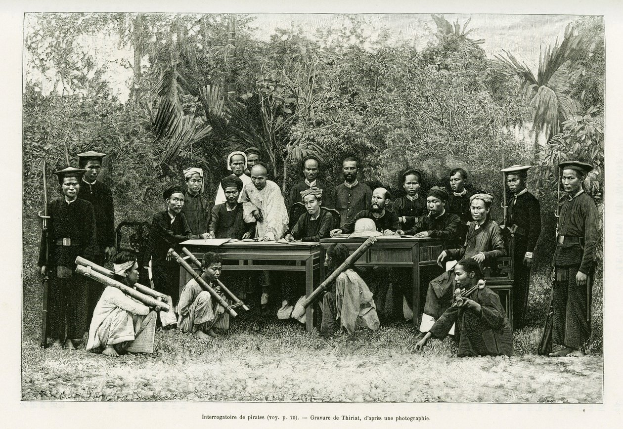 Forhør af pirater. Gravering af Thiriat, efter et fotografi, for at illustrere historien Trente mois au Tonkin i 1884, af Doctor Hocquard, i le tour du monde 1889, instrueret af Edouard Charton (1807-1890), Hachette, Paris. af Henri Thiriat