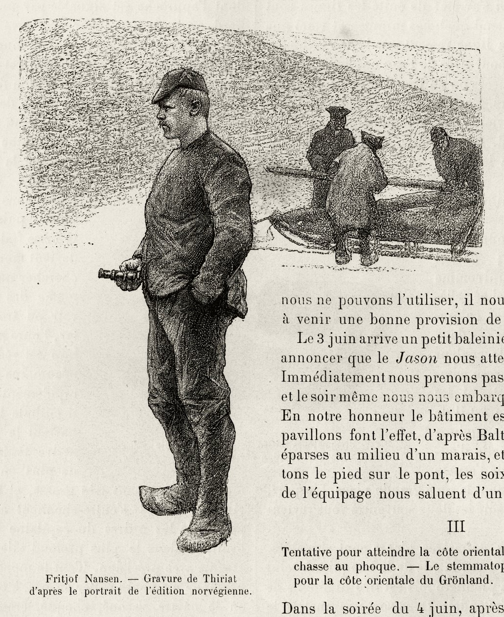 Portræt af Fridtjof Nansen (1861-1930) norsk polarforsker. Gravering af Thiriat, til illustration af historien "" La premiere travversee du Greenland"" af Fridtjof Nansen (1861-1930), i 1888, i Le tour du monde, nouveau journal des voyages, redigeret af Ed af Henri Thiriat