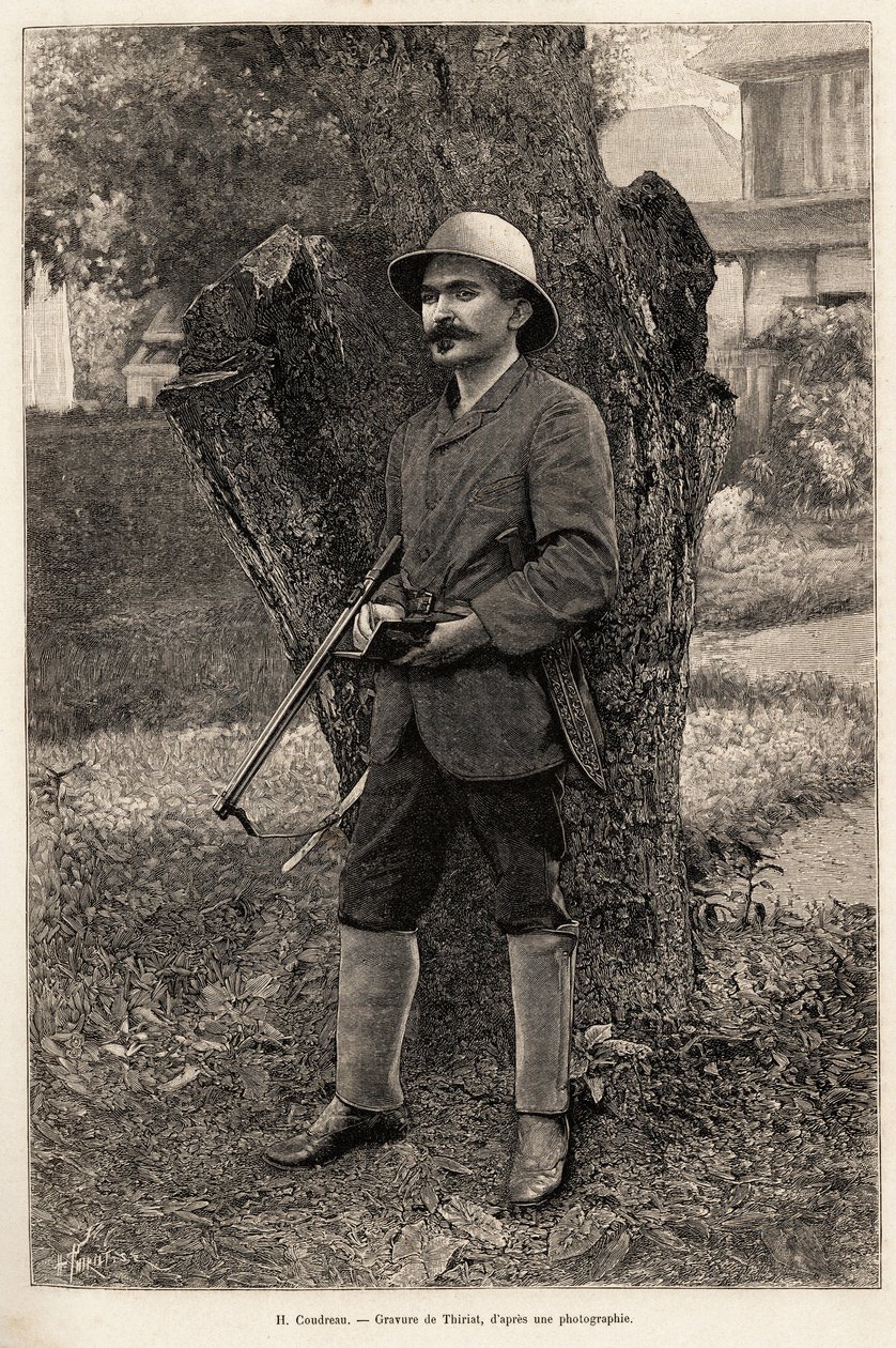 Portræt af Henri Coudreau (1859-1899), professor i geografi og opdagelsesrejsende i Amazonas (Brasilien). Gravering af Thiriat for at illustrere historien "" blandt vores indianere, fire års rejse i Fransk Guyana "" af Henri Thiriat