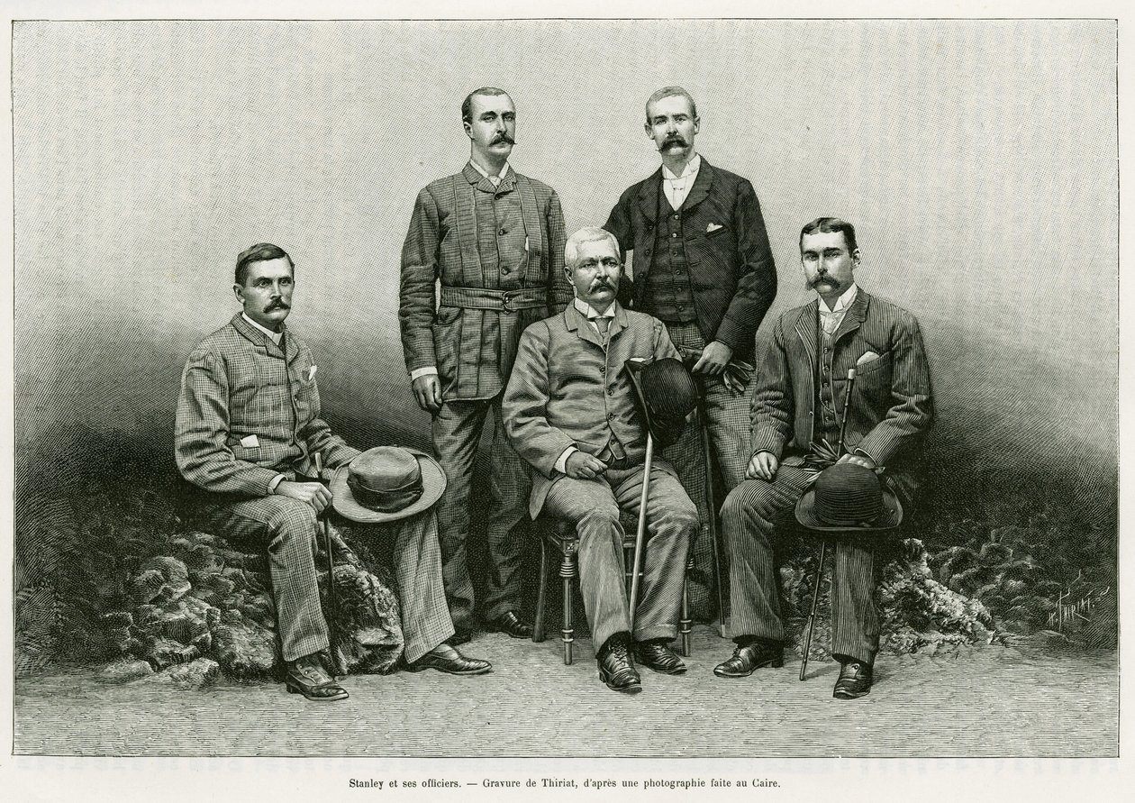 Portræt af Henry Morton Stanley (John Rowlands 1841-1904) omgiver hans officerer fra venstre: Dr. Thomas Heazle Parke (1857-93), Robert H. Nelson, William G. Stairs og Arthur J. M. Jephson. Gravering af Thiriat, til illustration af historien Dans les teneb af Henri Thiriat