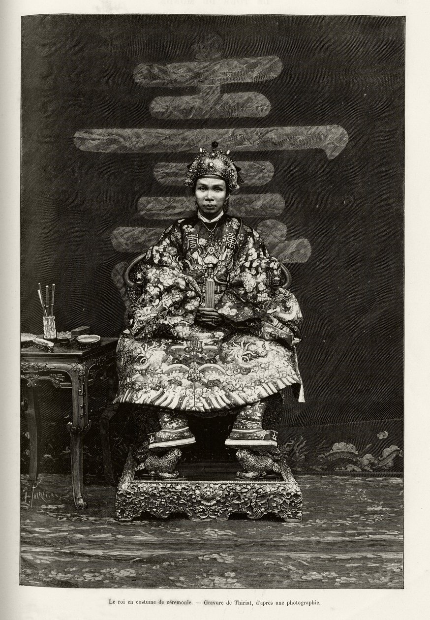 Portræt af kong Dong Khanh (1864-1889) kejser af Annam, i ceremoniel kostume. Gravering af Thiriat, for at illustrere historien "" Trente mois au Tonkin"" af Dr. Charles Edouard Hocquard (1853-1911), i 1885, i Le tour du monde, nouveau journal des voyages af Henri Thiriat
