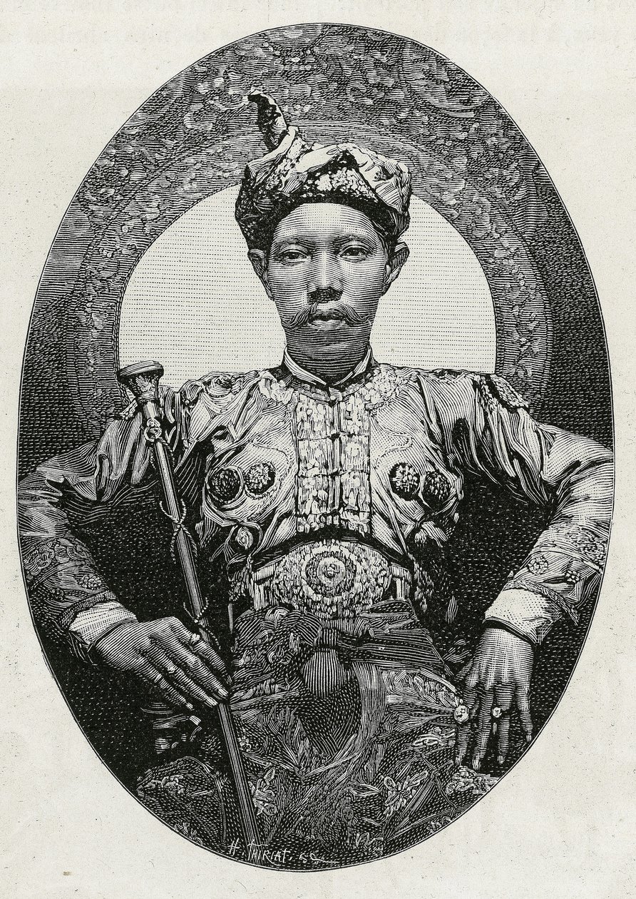 Portræt af Mohammed Yamalul Alam, sultan af Soulou (eller Sulu) (Filippinerne), i 1880. Gravering af Thiriat, for at illustrere historien "" Rejsen til Filippinerne"" af Henri Thiriat