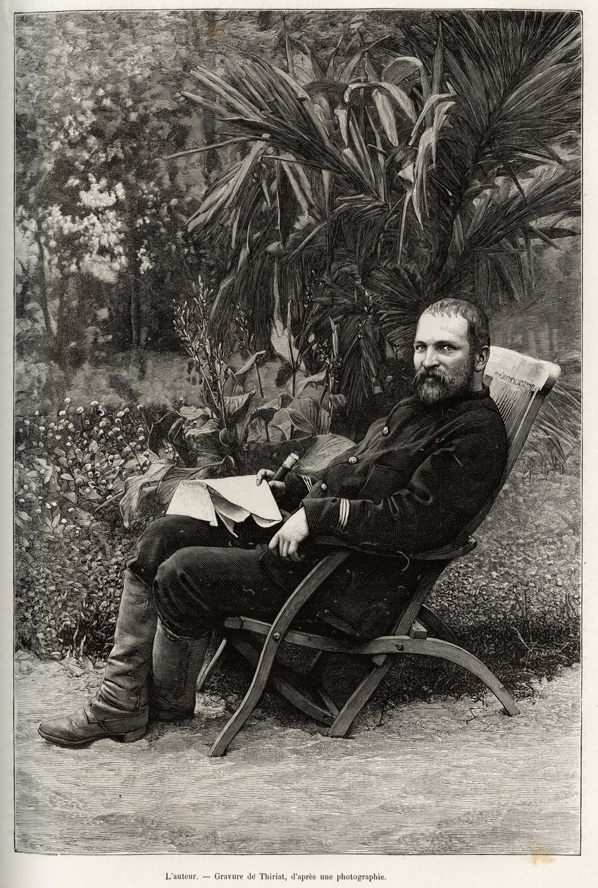 Portræt af forfatteren Dr. Charles Edouard Hocquard (1853-1911), medicinsk hovedfag af 1. klasse. Gravering af Thiriat, for at illustrere historien "" Trente mois au Tonkin"" af Dr. Charles Edouard Hocquard (1853-1911), i 1885, i Le tour du monde, nouveau  af Henri Thiriat