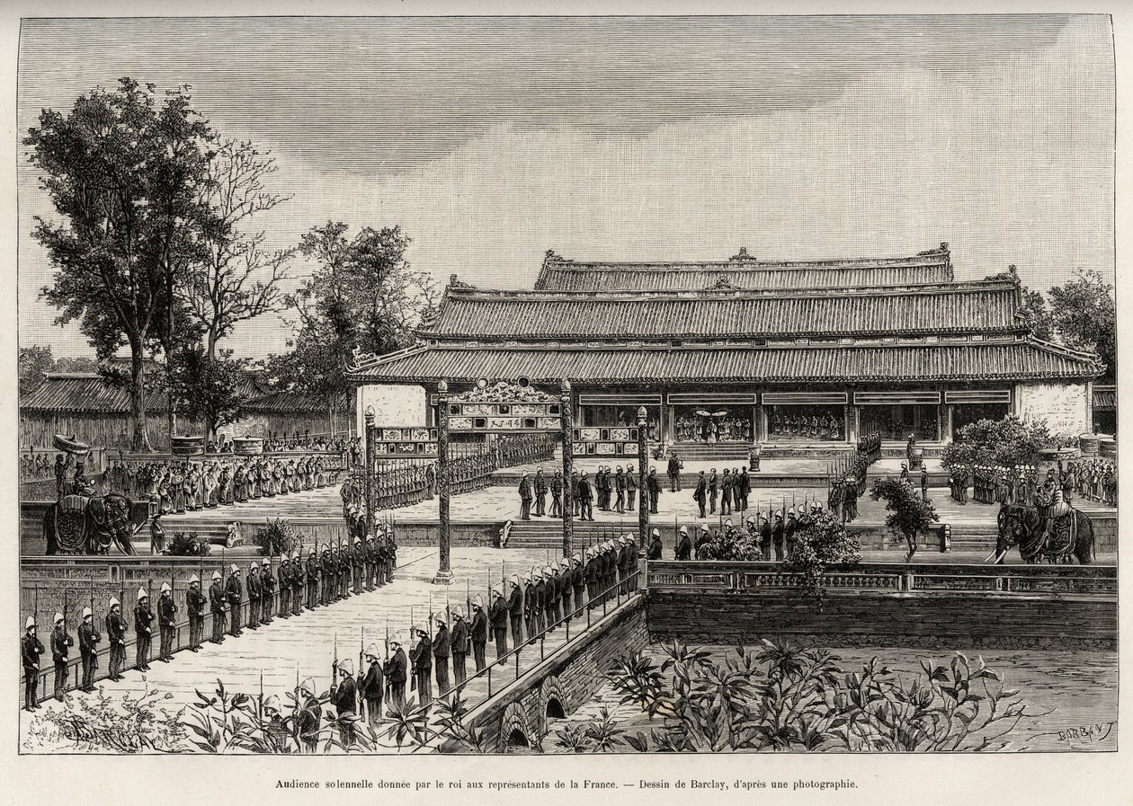 Højtidelig audiens givet af kong Dong Khanh (1864-1889) kejser af Annam til repræsentanter for Frankrig i den kejserlige by Hue (Vietnam). Gravering af Thiriat, for at illustrere historien "" Trente mois au Tonkin"" af Dr. Charles Edouard Hocquard (1853-19 af Henri Thiriat