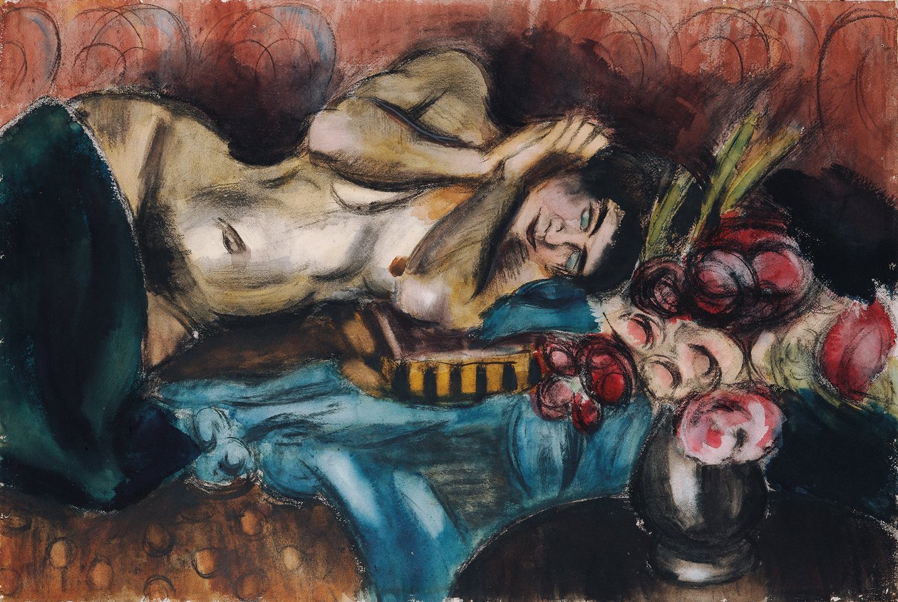 Halvnøgen med en buket roser af Henri Victor Gabriel Le Fauconnier