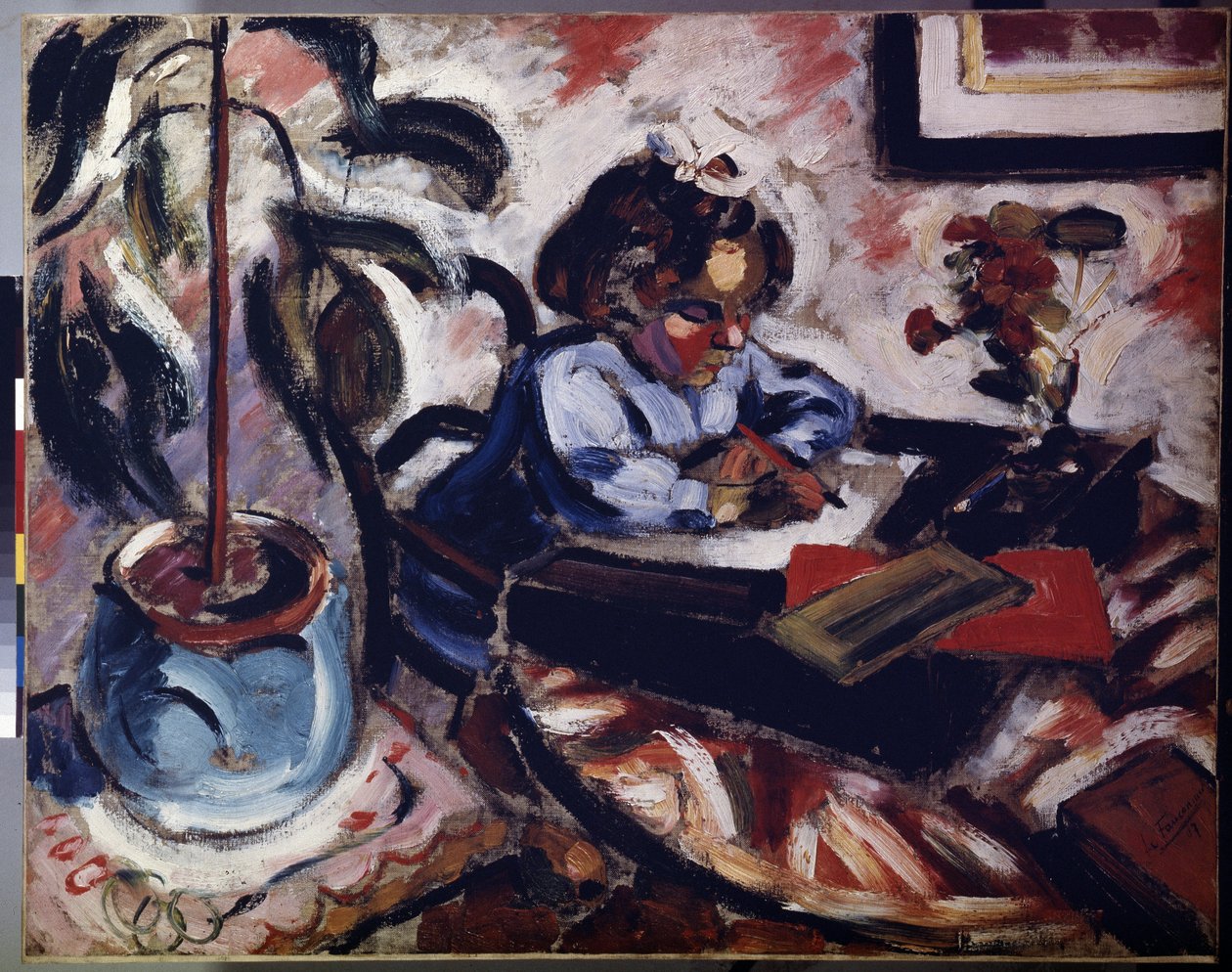 ""La petite ecoliere"" (En lille skolepige) Lille pige laver sine lektier i skolen. Maleri af Henri Victor Gabriel Le Fauconnier (1881-1946) 1907 Dim. 73x92 cm Eremitagemuseet, Sankt Petersborg (Saint-Petersburg) af Henri Victor Gabriel Le Fauconnier