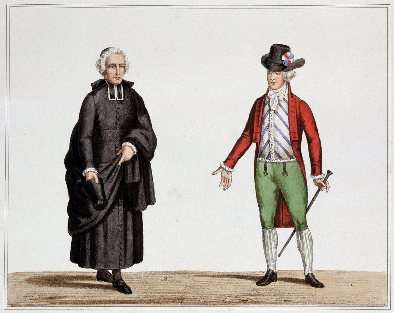 En deputeret for præsten og en mand i mode fra september 1789 - Litografi af skurken, fra samlingen af kostumer, våben og møbler til at tjene i historien om den franske revolution og imperiet, af grev Horace de Viel Castel, udgave Canson af Henri Villain