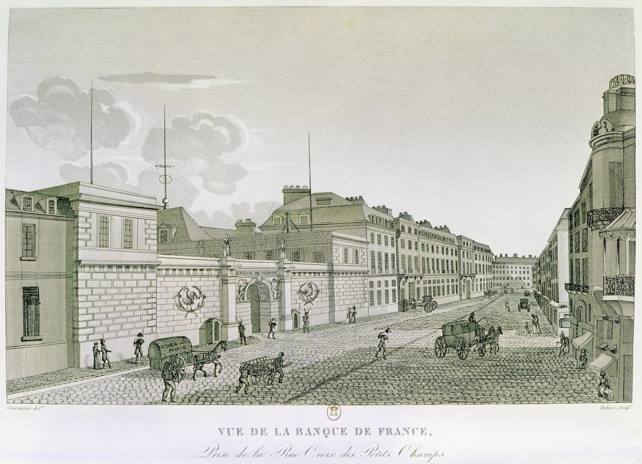Bank of France fra Rue Croix-Petits-Champs, graveret af Eugene Dubois, 1800 af Henri after Courvoisier Voisin