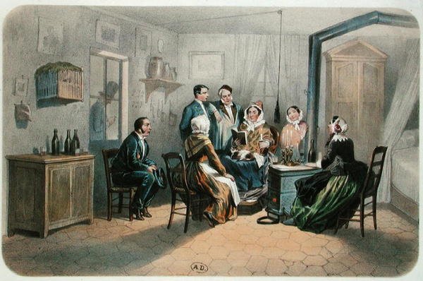 Læsning med conciergen, 2. halvdel af det 19. århundrede (farvelitografi) af Henri de (after) Montaut