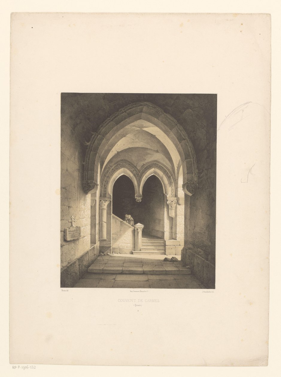 Interiør af et kloster med to munke i baggrunden Couvent de Carmes, Rouen (titel på objekt) af Henri de Boug d