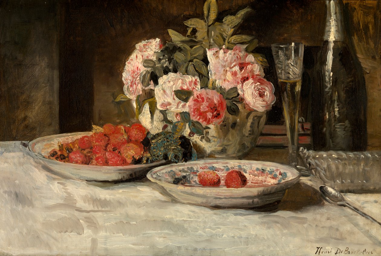 Jordbær med Champagne (olie på lærred) af Henri de Braekeleer