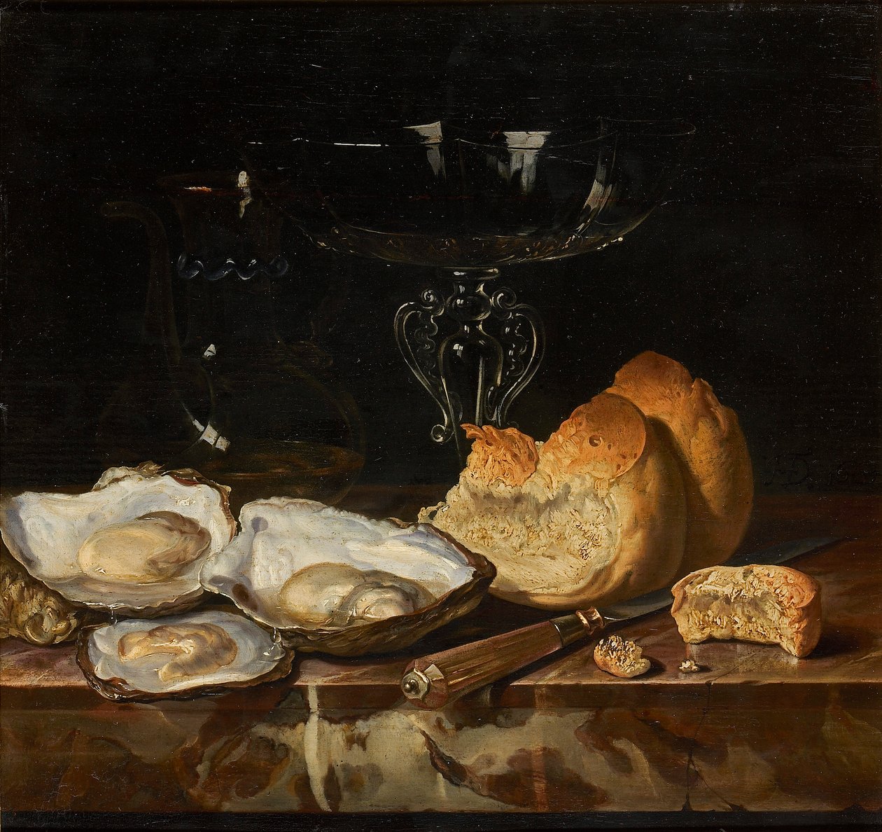 Stilleben med østers, brød og venetiansk vinglas, 1661. af Henri de Fromantiou