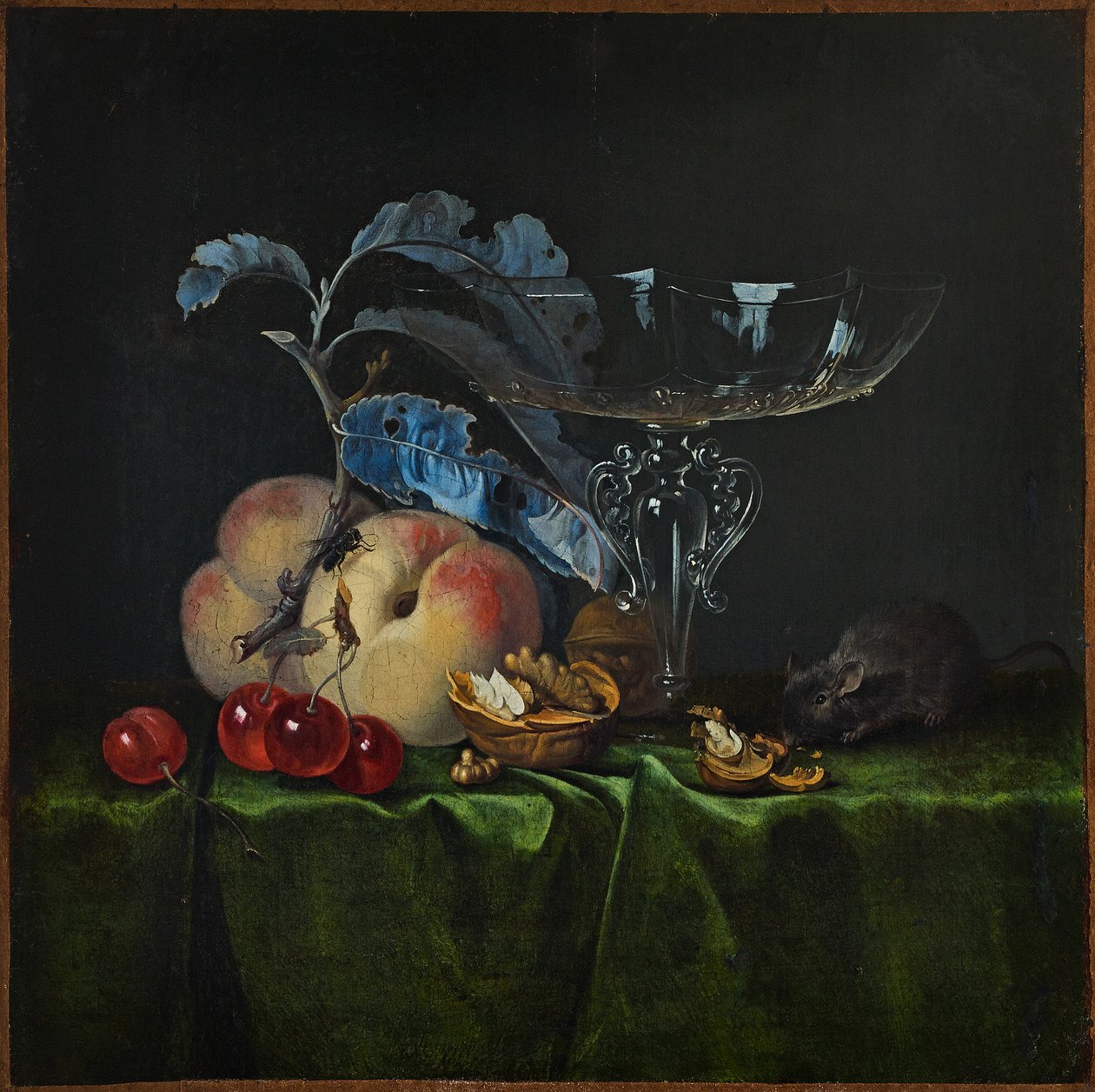 Stilleben med ferskner, valnødder, mus og venetiansk vinglas, 1661. af Henri de Fromantiou
