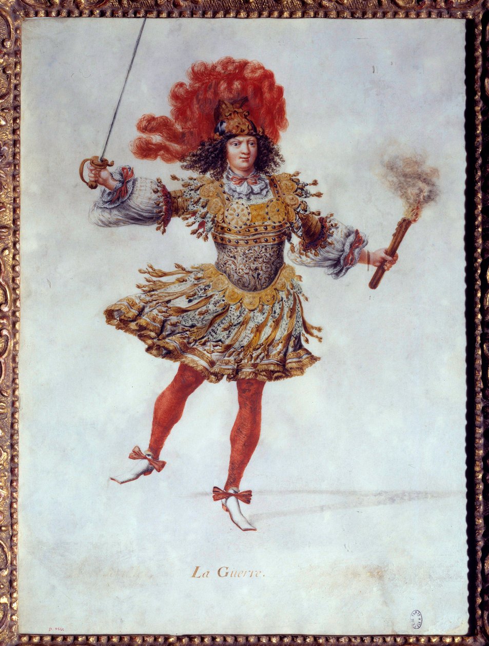 Kostume til krigen, der med den ene hånd holder en fakkel og på den anden et sværd i balletten "" Les noces de Pelee et Thetis"" (Le Nozze di Peleo et di Teti) af Carlo Caprioli (eller Caproli) del Violino, spiller den 26/01/1654 på Peer Bourbon. Krigens r af Henri de Gissey
