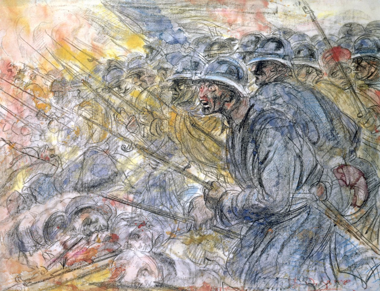 The Assault, Verdun (blyant og wc på papir) af Henri de Groux