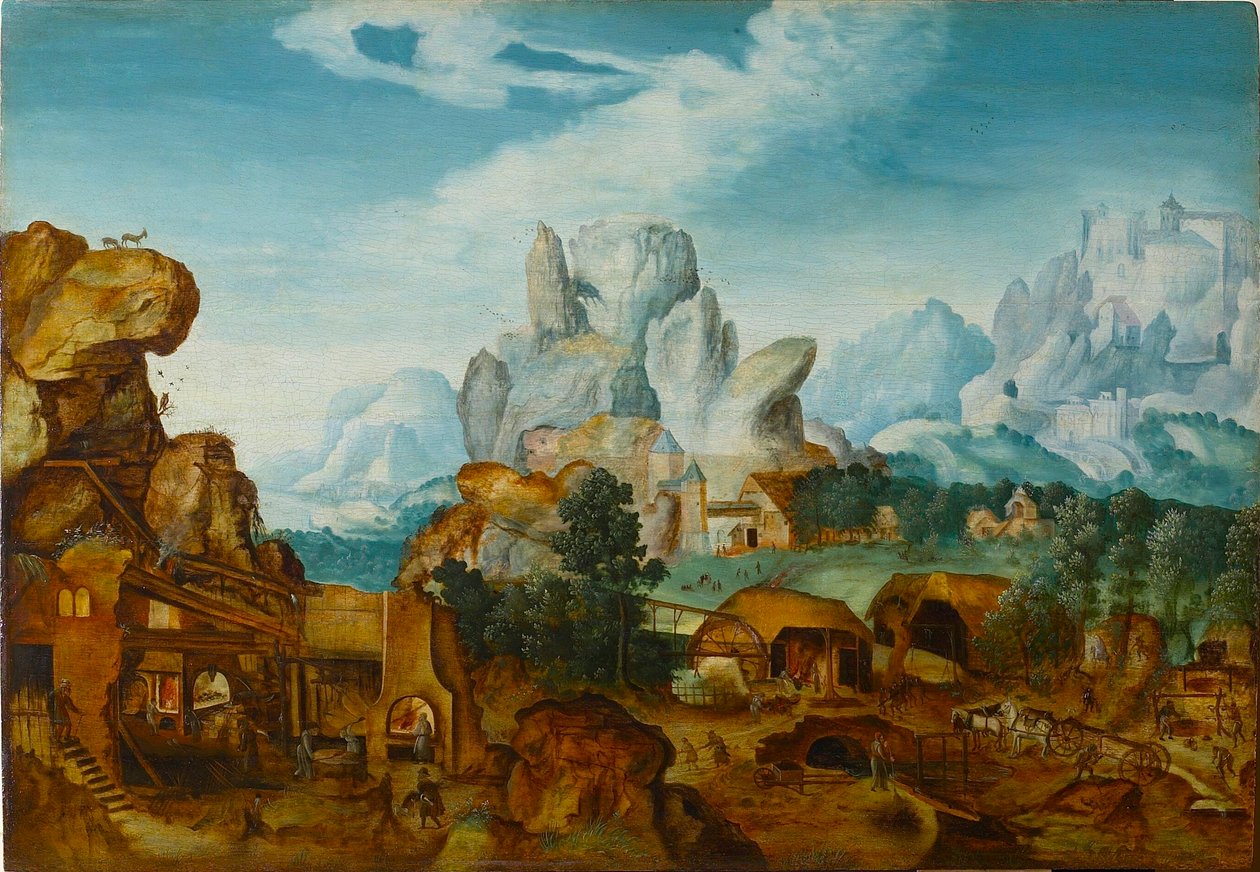 Rocky Landscape with a Forge Flugten ind i Egypten før 1550. af Henri de Herri met de Bles