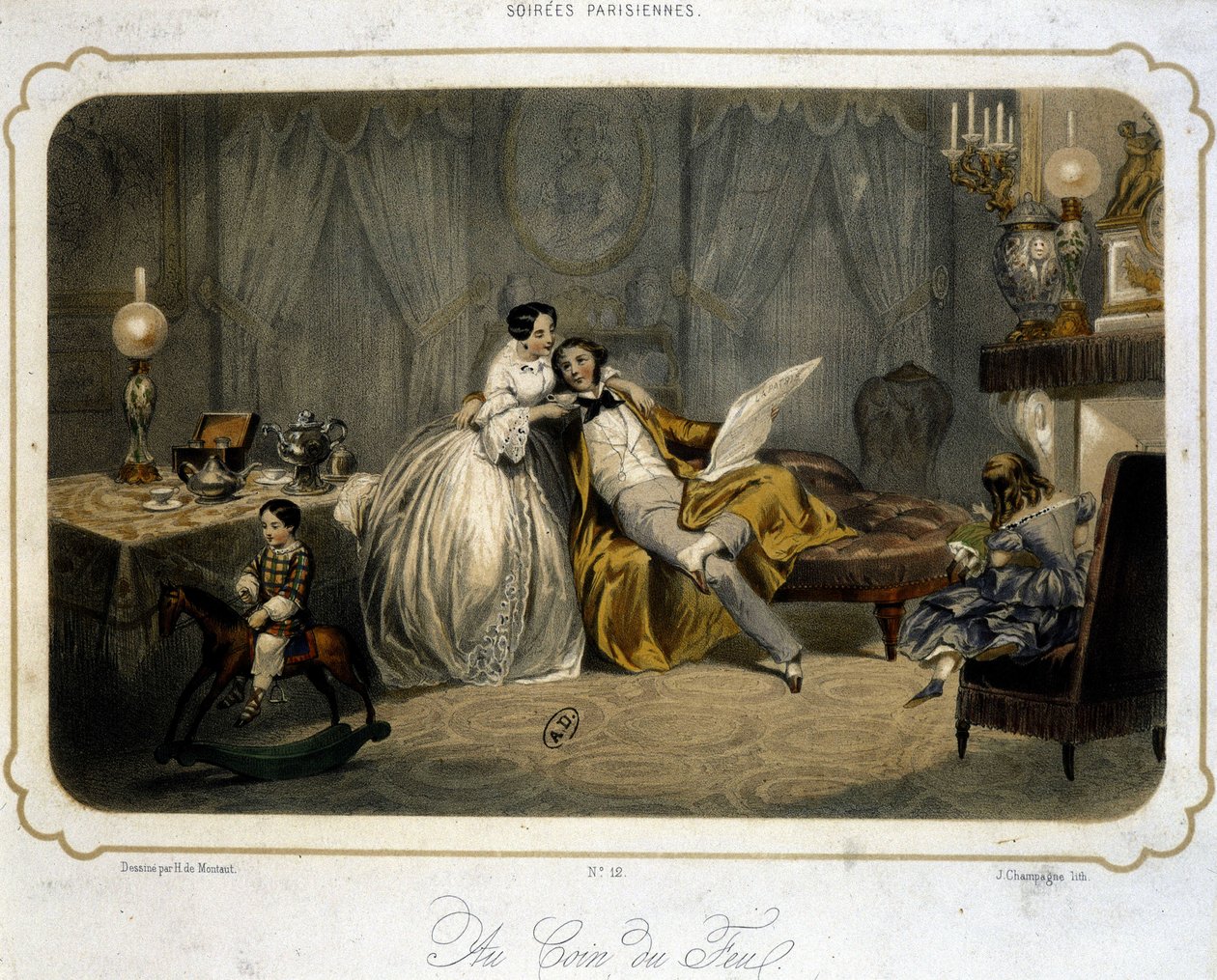 Borgerlig familie hviler i stuen - litografi, v.1820. af Henri de Montaut