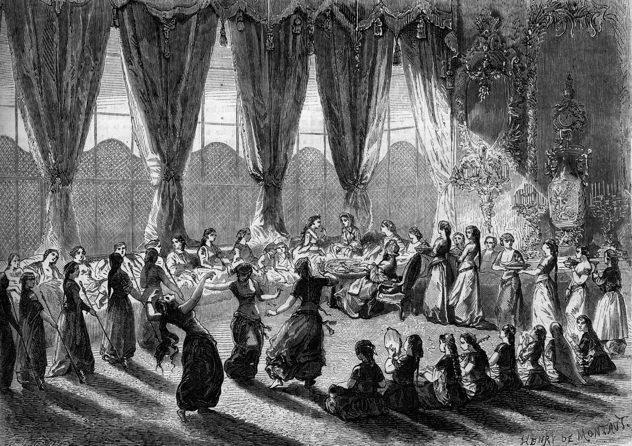 Modtagelse af europæiske damer i Cairos serail af Egyptens vicedronning. Tjenestepiger bringer opvasken, mens musikere og dansere opfører showet. 19. århundrede. Indgravering af Henri de Montaut i "" The Illustrous World"" nr. 320 af 30. maj 1863. af Henri de Montaut
