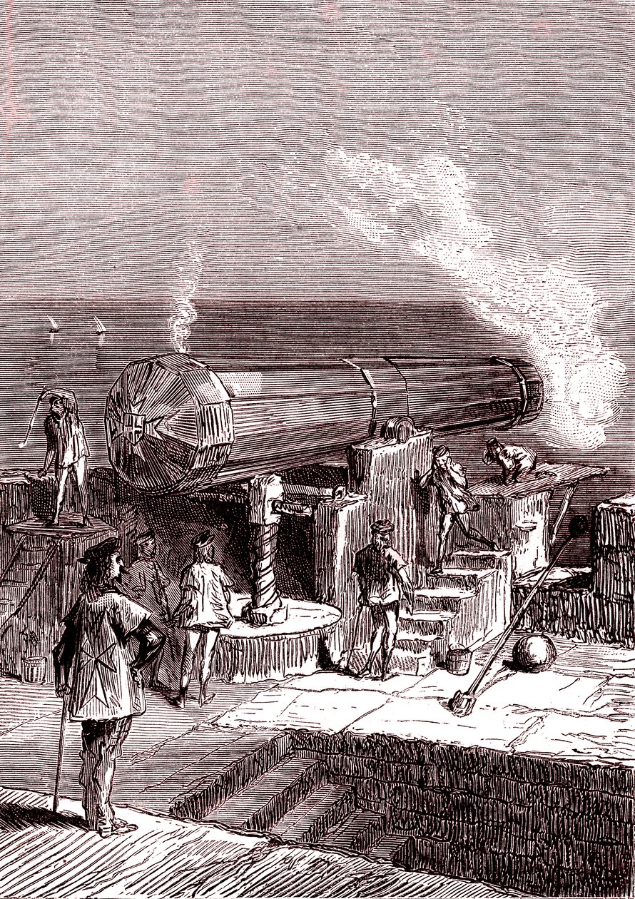 Den gigantiske kanon på øen Malta, kunstværk, "Fra jorden til månen" af Jules Verne af Henri de Montaut