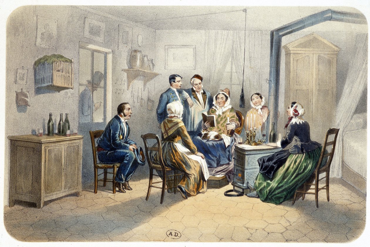 Vigil: "" En læsning ved døren"" af de Montaut (concierge lodge), n.d. 19. århundrede af Henri de Montaut
