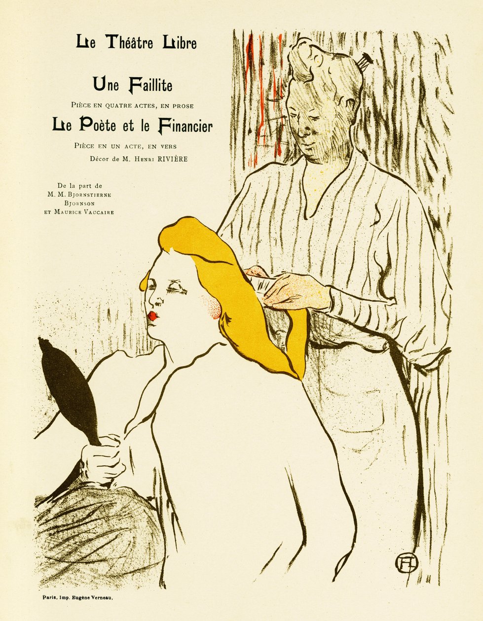 En blond kvinde ser sig selv i et spejl, mens hun får stylet sit hår. Plakat for Une faillite et Le Poete et le Financier, teaterstykker repræsenteret i 1893 på Free Theatre skabt i 1887 af Andre Antoine (1858-1943), Illustration en lithogr af Henri de Toulouse Lautrec