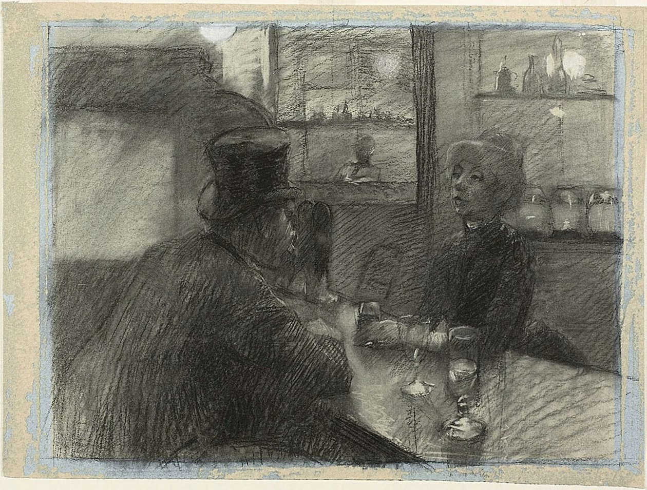 Rue de Rome -kahvilan baari, n. 1886 (hiili ja valkoinen liitu sinisellä kudospaperilla) af Henri de Toulouse Lautrec