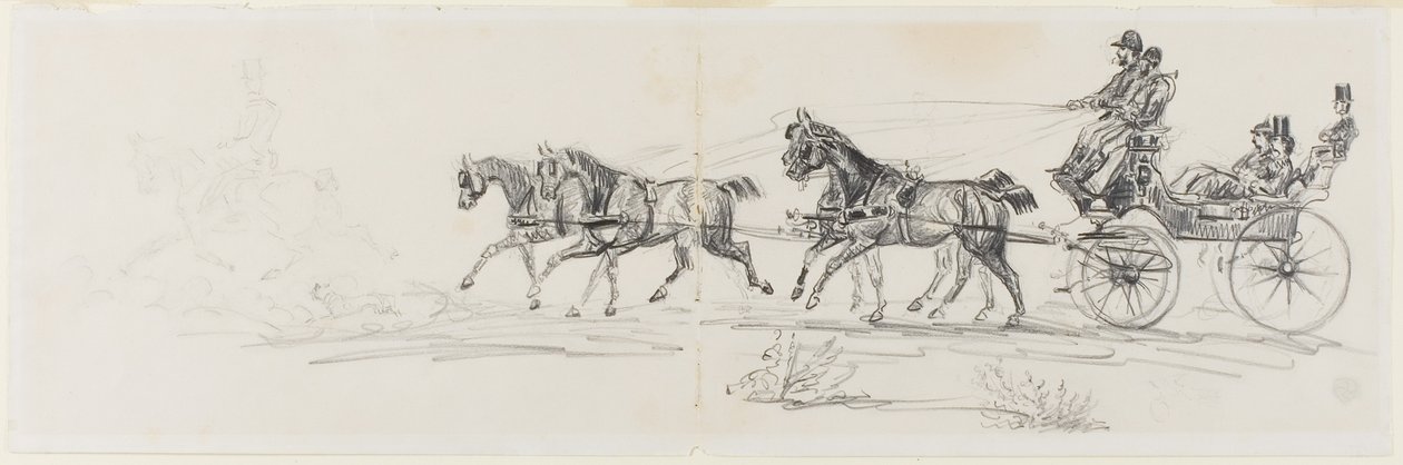 Hestevogn foranstillet af enlig rytter (recto); Mand ridehest med et tæppe og skitser af hoveder, heste og triumfbue (verso) af Henri de Toulouse-Lautrec