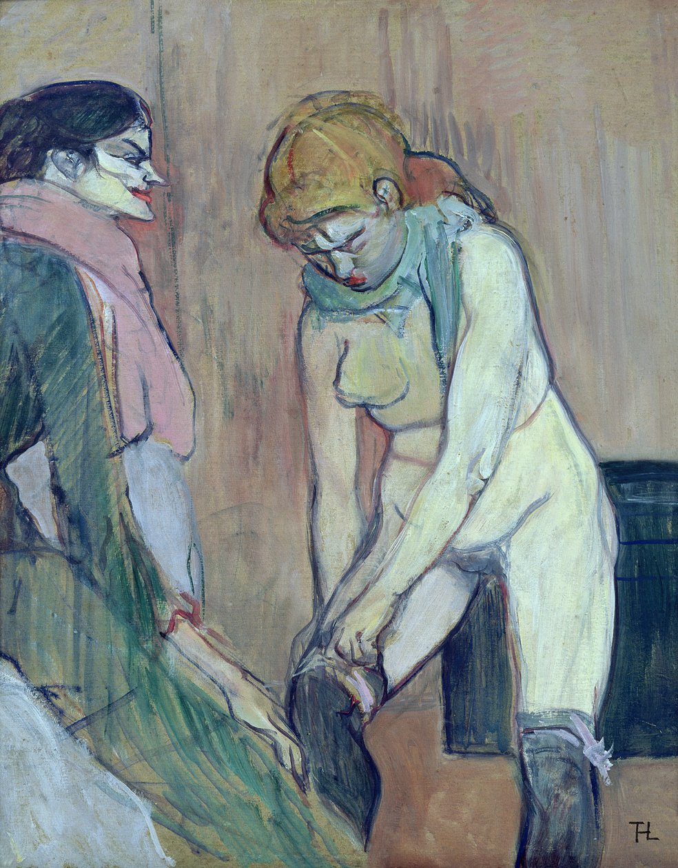 Kvinde tager sin strømpe på, eller husets kvinde, ca. 1894 (olie på kort) af Henri de Toulouse Lautrec