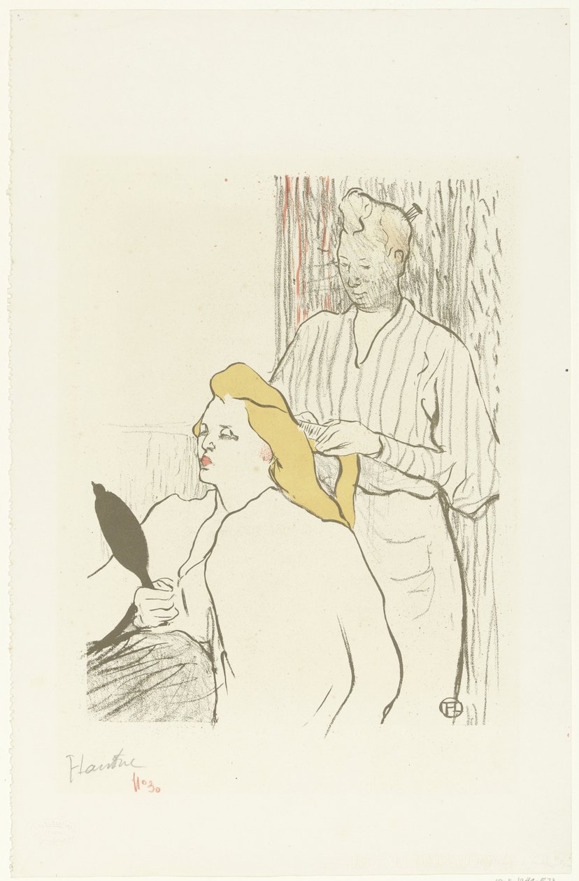 Frisør kæmmer hår af siddende kvinde med spejl i hånden Le coiffeur Program du Théâtre Libre af Henri de Toulouse Lautrec (signed by artist)