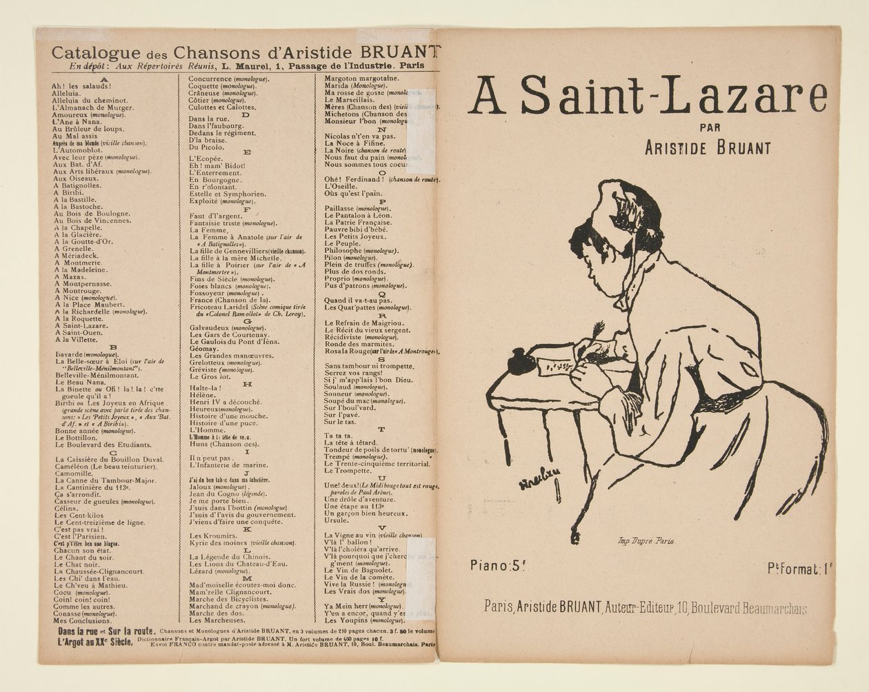 A Saint-Lazare, ord og musik af Aristide Bruant, omslag til noder af Henri de Toulouse Lautrec
