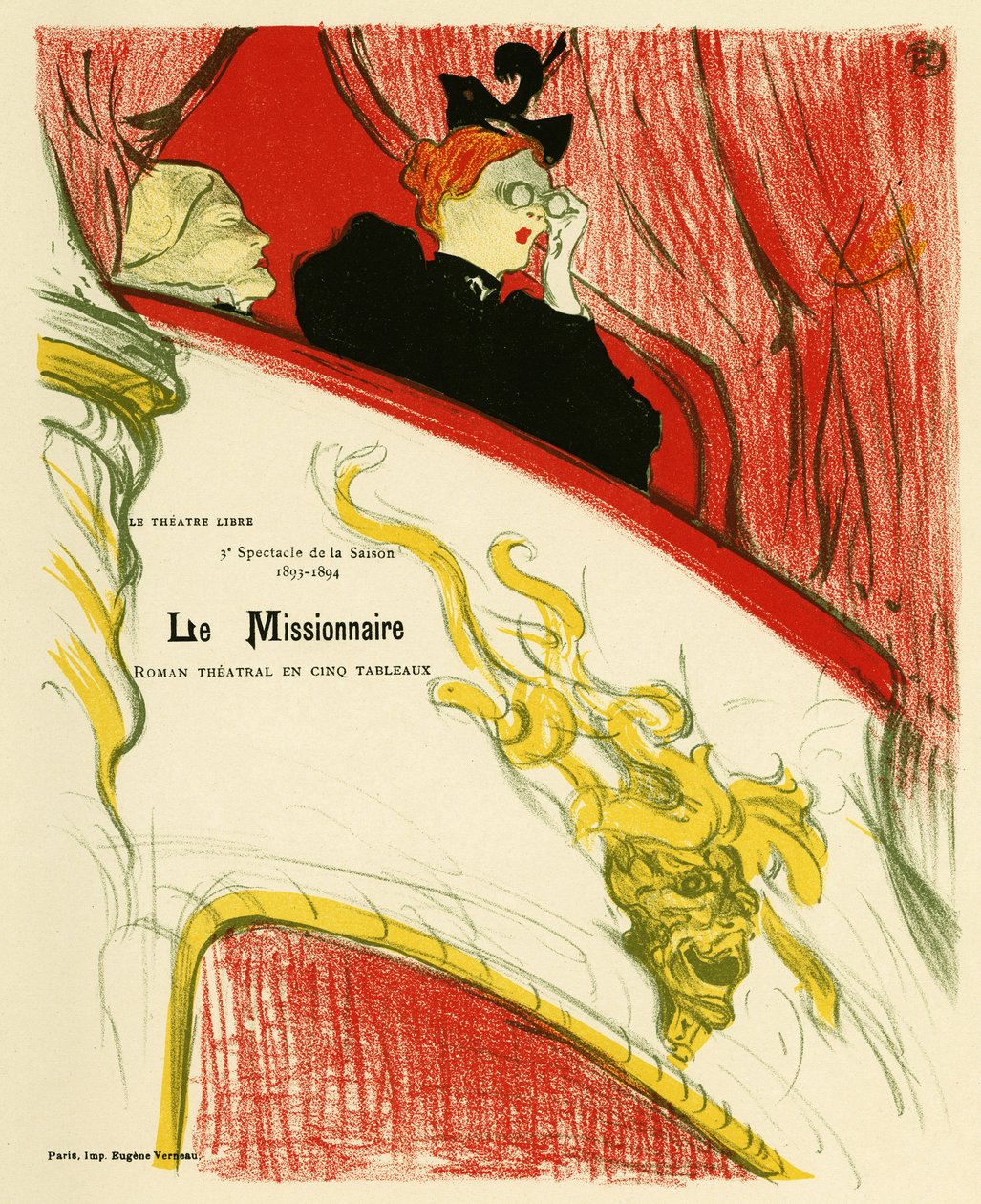 En kvinde i et teateromklædningsrum ved hjælp af en kikkert. Plakat for missionæren, skuespil af Marcel Luguet, repræsenteret i 1893 på Det Frie Teater skabt i 1887 af Andre Antoine (1858-1943), Illustration en lithographie af Henri de Toulouse Lautrec af Henri de Toulouse Lautrec