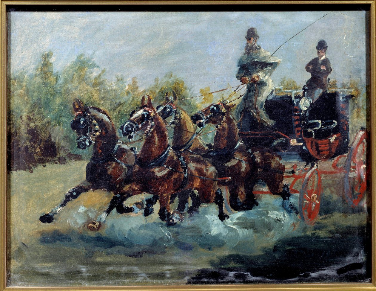 Alphonse from Toulouse Lautrec driving his email coach. The mail coach is a sedan with four horses, with several rows of seats on the top of the car). Painting by Henri de Toulouse Lautrecdani af Henri de Toulouse Lautrec
