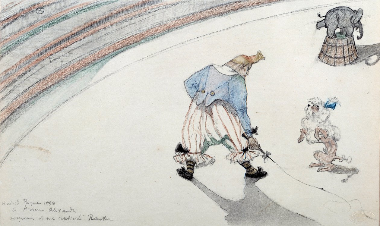 Cirkusscene: dressur. En klovn med en videnskabsmandshund og en akrobatisk elefant. Tegning af Henri de Toulouse Lautrec (1864-1901) Albi fra det 19. århundrede, Musee de Toulouse Lautrec af Henri de Toulouse Lautrec