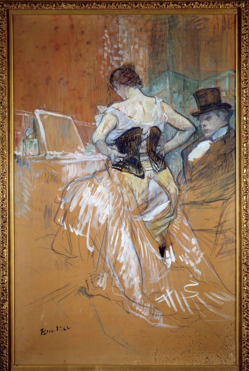 Conquest in transit, kvinden i korsettet Prostituee klæder sig foran sin klient på et bordel. Pastel og tegning af Henri de Toulouse Lautrec (Toulouse-Lautrec af Henri de Toulouse Lautrec