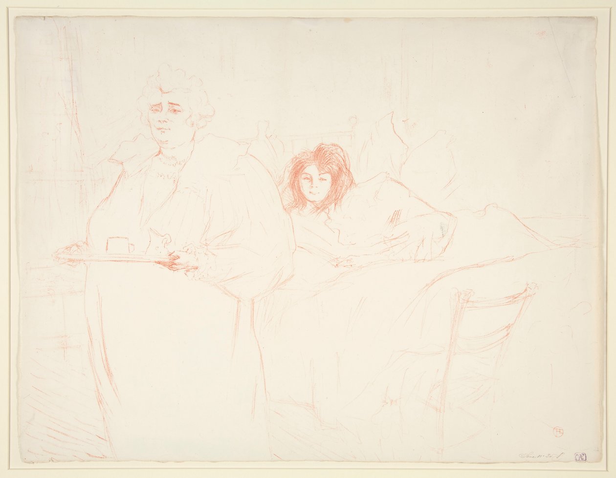 Kvinde med en bakke, morgenmad, Madame Baron et Mademoiselle Popo (Kvinde med en bakke, morgenmad, Madame Baron og Mademoiselle Popo), fra serien Elles af Henri de Toulouse Lautrec
