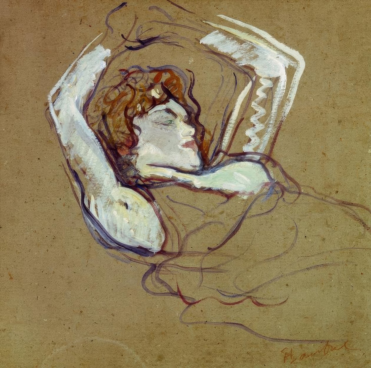 Kvinde liggende på ryggen med løftede arme af Henri de Toulouse Lautrec