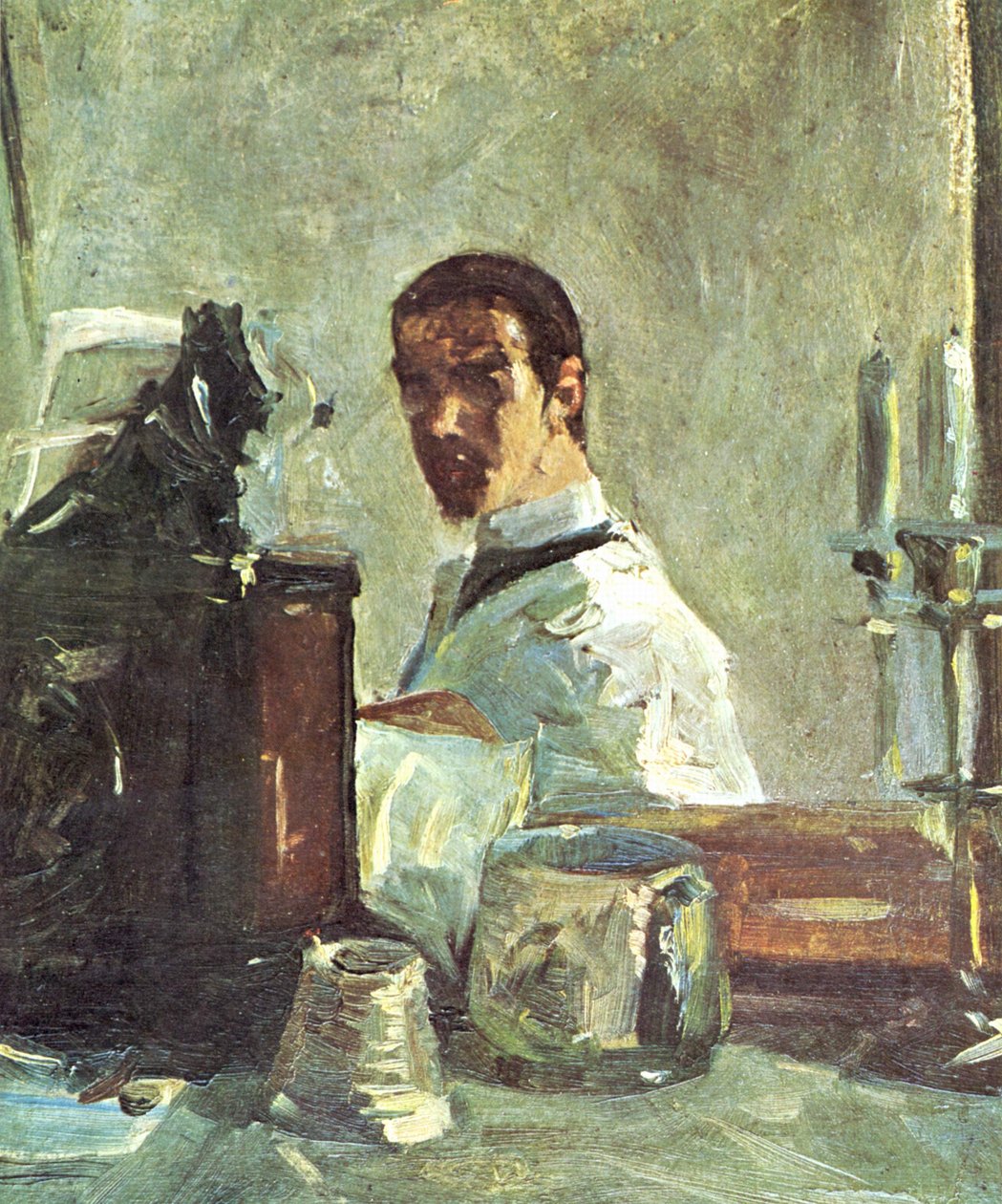 Fransk:  Auto-portrait devant un miroir Selvportræt foran et spejl af Henri de Toulouse Lautrec
